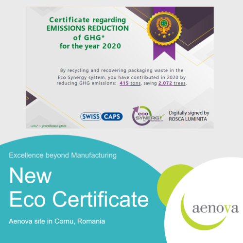 Eco Certificate for Aenova site in Cornu